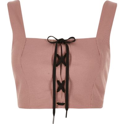 Nude structured corset tie crop top